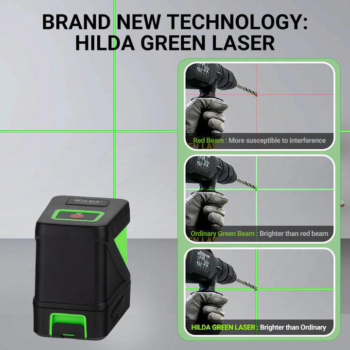 HILDA 2 Lines Laser Level Self Levelling Green Beams Laser Horizontal Vertical Cross Line Mini Laser Level